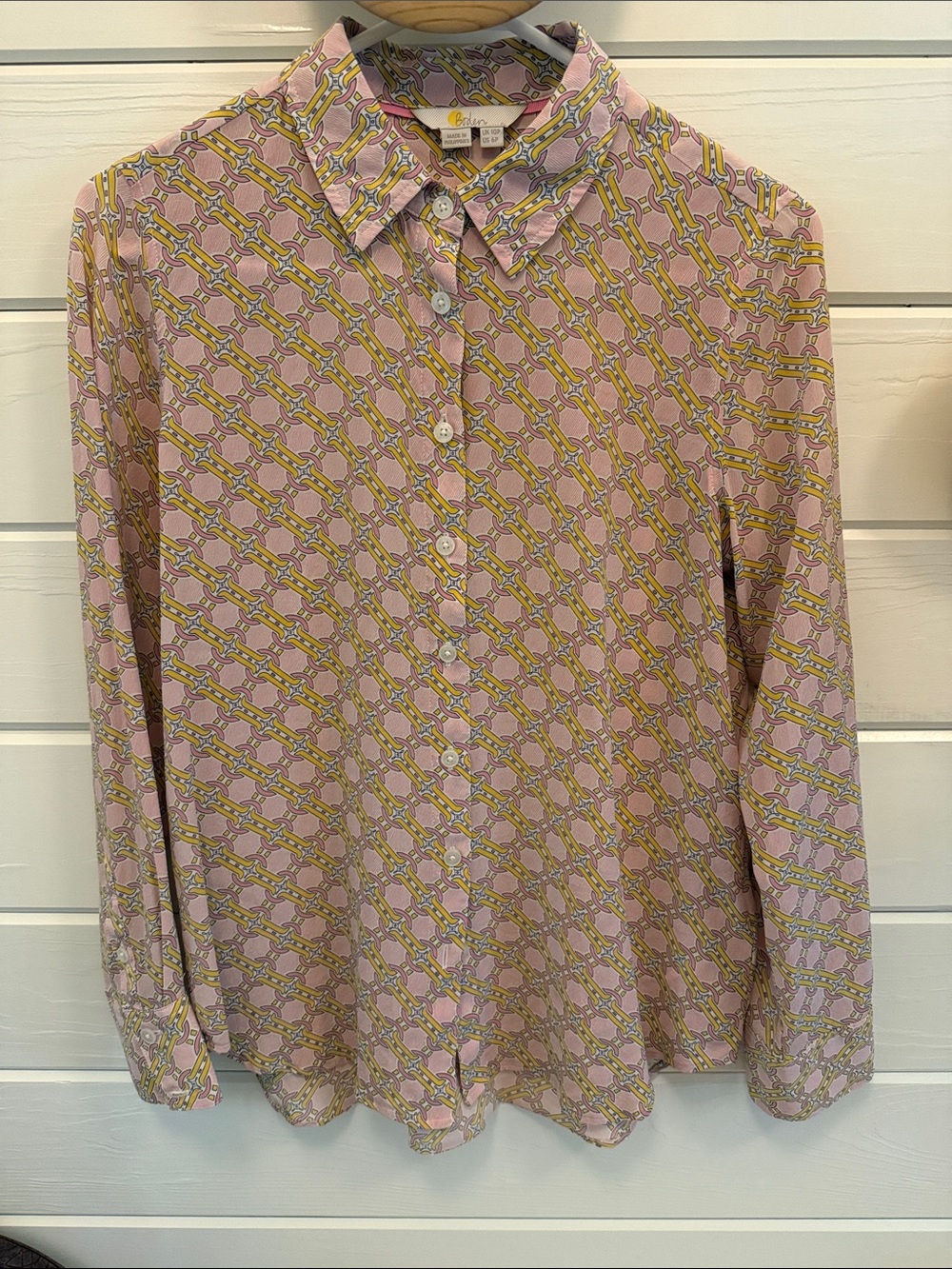 Boden Pink Chain-Print 100/% Silk Button-Up Blouse